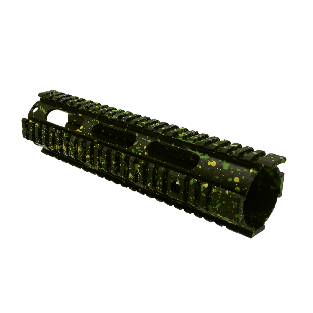 Cerakote Splatter| AR-15 10'' Free Float Quad Rail Handguard - Base OD Green - Pattern - Highland Green - Lemon Zest - Zombie Green Cerakote Splatter| AR-15 10'' Free Float Quad Rail Handguard - Base OD Green - Pattern - Highland Green - Lemon Zest - Zombie Green