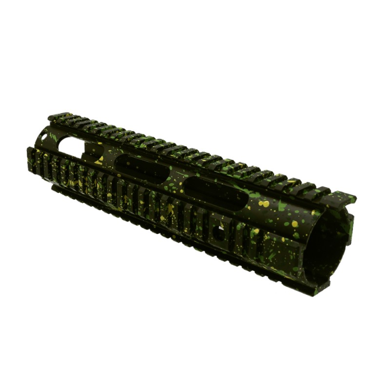 Cerakote Splatter| AR-15 10'' Free Float Quad Rail Handguard - Base OD Green - Pattern - Highland Green - Lemon Zest - Zombie Green Cerakote Splatter| AR-15 10'' Free Float Quad Rail Handguard - Base OD Green - Pattern - Highland Green - Lemon Zest - Zombie Green