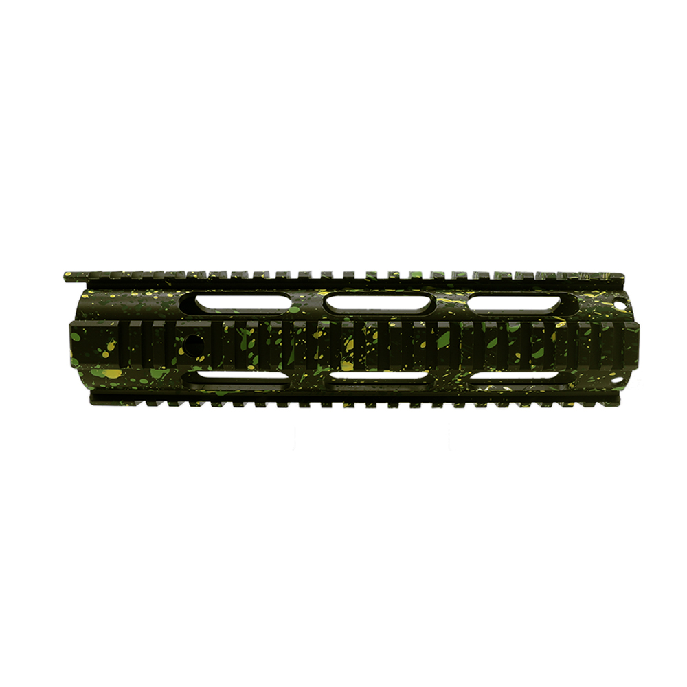 Cerakote Splatter| AR-15 10'' Free Float Quad Rail Handguard - Base OD Green - Pattern - Highland Green - Lemon Zest - Zombie Green Cerakote Splatter| AR-15 10'' Free Float Quad Rail Handguard - Base OD Green - Pattern - Highland Green - Lemon Zest - Zombie Green