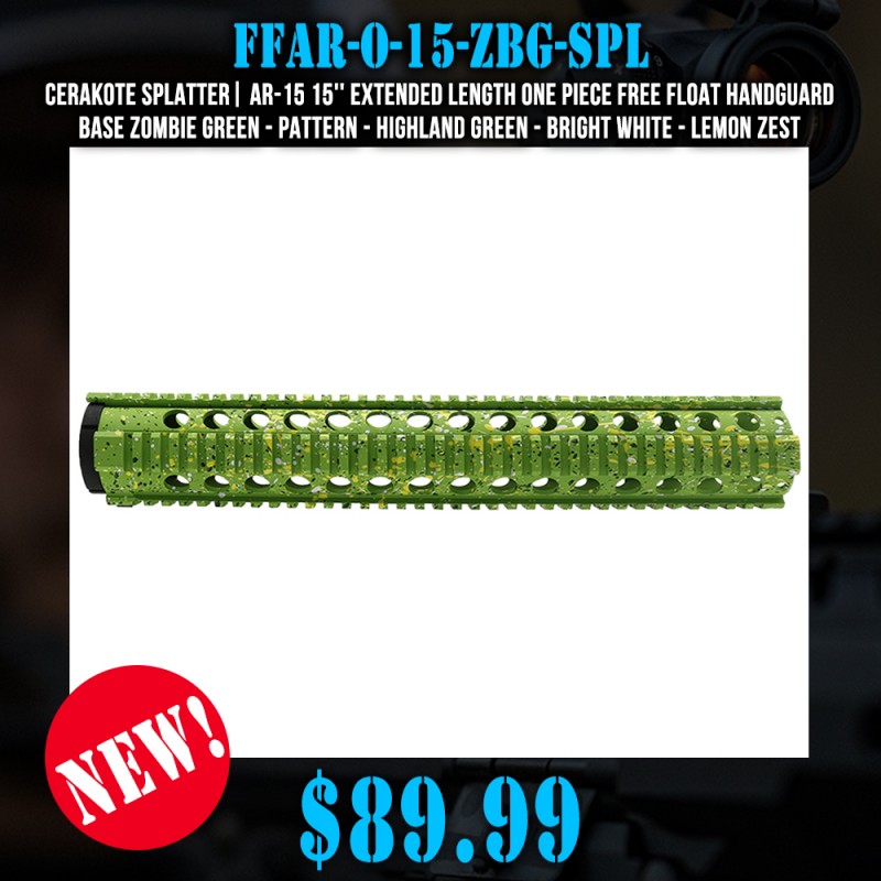 Cerakote Splatter| AR-15 15'' Extended Length One Piece Free Float Handguard - Base Zombie Green - Pattern - Highland Green - Bright White - Lemon Zest Cerakote Splatter| AR-15 15'' Extended Length One Piece Free Float Handguard - Base Zombie Green - Pattern - Highland Green - Bright White - Lemon Zest