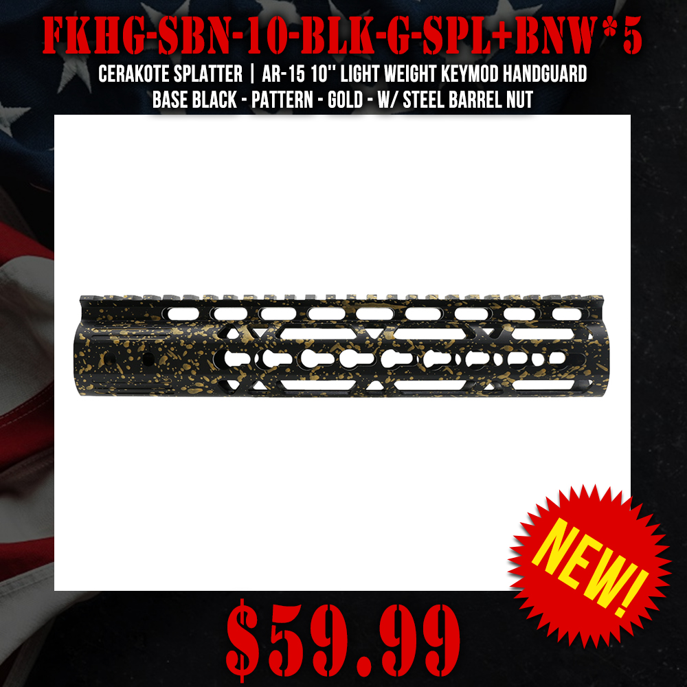 Cerakote Splatter | AR-15 10'' Light Weight Keymod Handguard - Base Black - Pattern - Gold - W/ Steel Barrel Nut Cerakote Splatter | AR-15 10'' Light Weight Keymod Handguard - Base Black - Pattern - Gold - W/ Steel Barrel Nut