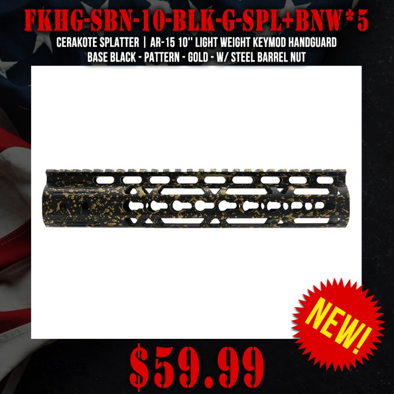 Cerakote Splatter | AR-15 10'' Light Weight Keymod Handguard - Base Black - Pattern - Gold - W/ Steel Barrel Nut Cerakote Splatter | AR-15 10'' Light Weight Keymod Handguard - Base Black - Pattern - Gold - W/ Steel Barrel Nut