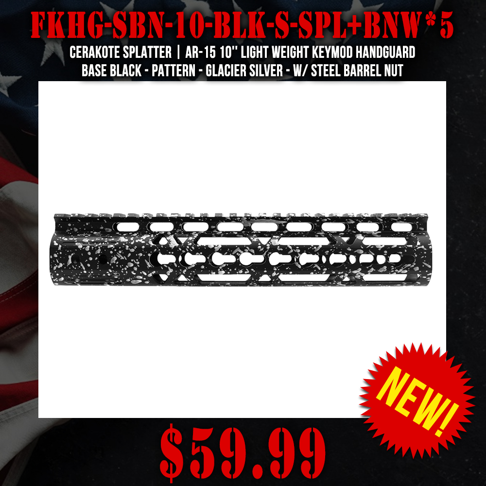 Cerakote Splatter | AR-15 10'' Light Weight Keymod Handguard - Base Black - Pattern - Glacier Silver - W/ Steel Barrel Nut Cerakote Splatter | AR-15 10'' Light Weight Keymod Handguard - Base Black - Pattern - Glacier Silver - W/ Steel Barrel Nut