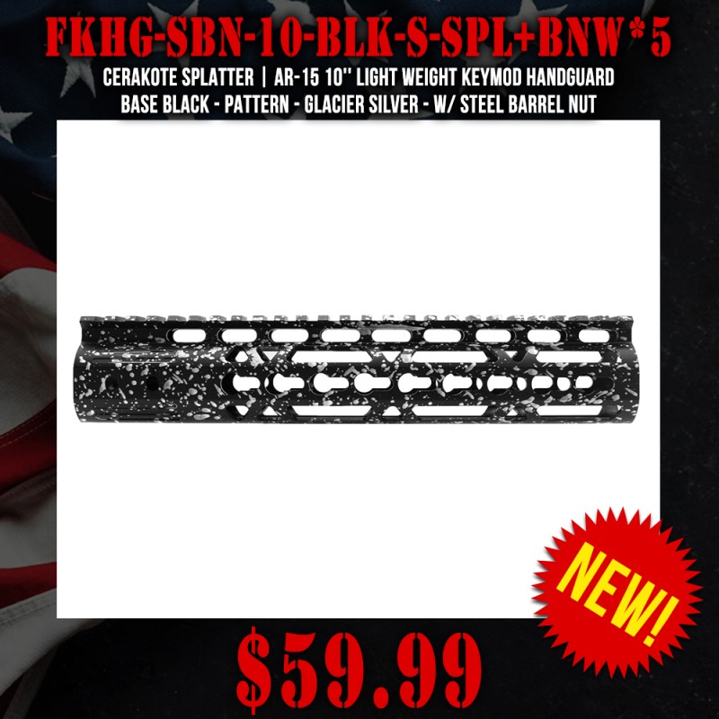 Cerakote Splatter | AR-15 10'' Light Weight Keymod Handguard - Base Black - Pattern - Glacier Silver - W/ Steel Barrel Nut Cerakote Splatter | AR-15 10'' Light Weight Keymod Handguard - Base Black - Pattern - Glacier Silver - W/ Steel Barrel Nut