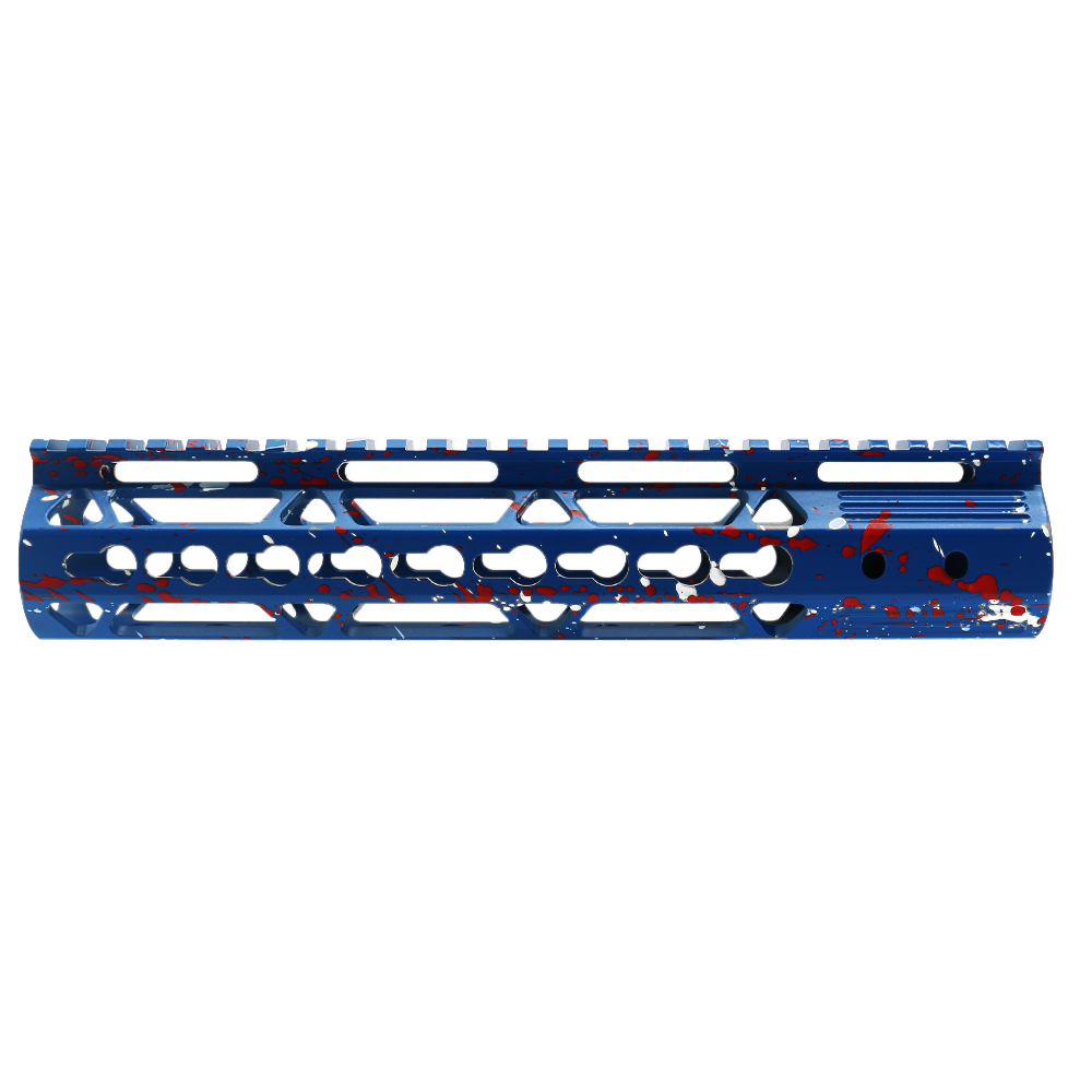 Cerakote Splatter | AR-15 10'' Ultra Slim Keymod Handguards V2 - Base Blue Flame - Pattern - Bright White - Red - W/ Steel Barrel Nut Cerakote Splatter | AR-15 10'' Ultra Slim Keymod Handguards V2 - Base Blue Flame - Pattern - Bright White - Red - W/ Steel Barrel Nut