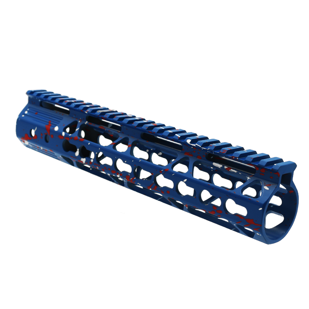Cerakote Splatter | AR-15 10'' Ultra Slim Keymod Handguards V2 - Base Blue Flame - Pattern - Bright White - Red - W/ Steel Barrel Nut Cerakote Splatter | AR-15 10'' Ultra Slim Keymod Handguards V2 - Base Blue Flame - Pattern - Bright White - Red - W/ Steel Barrel Nut