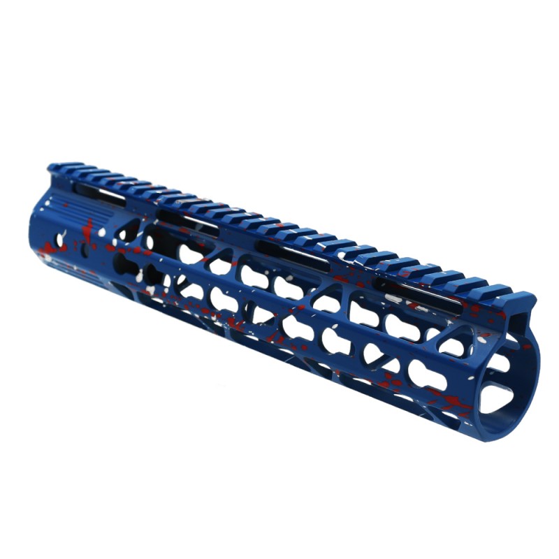 Cerakote Splatter | AR-15 10'' Ultra Slim Keymod Handguards V2 - Base Blue Flame - Pattern - Bright White - Red - W/ Steel Barrel Nut Cerakote Splatter | AR-15 10'' Ultra Slim Keymod Handguards V2 - Base Blue Flame - Pattern - Bright White - Red - W/ Steel Barrel Nut