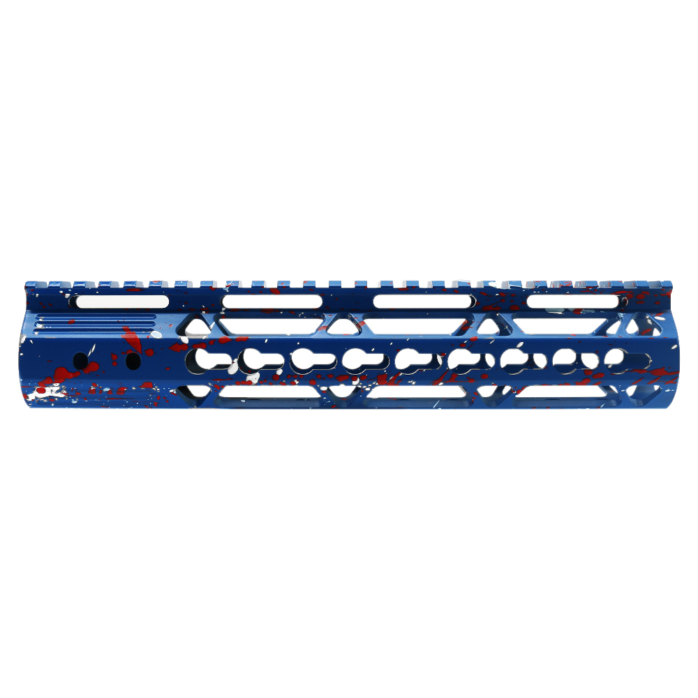 Cerakote Splatter | AR-15 10'' Ultra Slim Keymod Handguards V2 - Base Blue Flame - Pattern - Bright White - Red - W/ Steel Barrel Nut Cerakote Splatter | AR-15 10'' Ultra Slim Keymod Handguards V2 - Base Blue Flame - Pattern - Bright White - Red - W/ Steel Barrel Nut