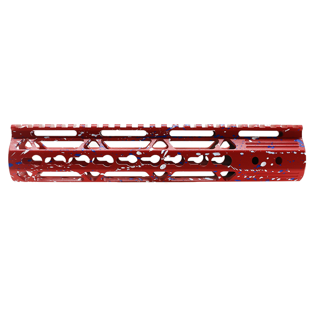 Cerakote Splatter | AR-15 10'' Ultra Slim Keymod Handguards V2 - Base Red - Pattern - Bright White - Blue Flame - W/ Steel Barrel Nut Cerakote Splatter | AR-15 10'' Ultra Slim Keymod Handguards V2 - Base Red - Pattern - Bright White - Blue Flame - W/ Steel Barrel Nut