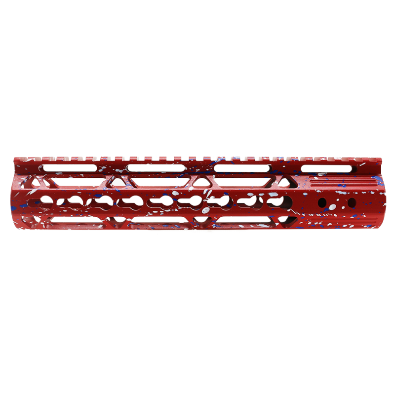 Cerakote Splatter | AR-15 10'' Ultra Slim Keymod Handguards V2 - Base Red - Pattern - Bright White - Blue Flame - W/ Steel Barrel Nut Cerakote Splatter | AR-15 10'' Ultra Slim Keymod Handguards V2 - Base Red - Pattern - Bright White - Blue Flame - W/ Steel Barrel Nut