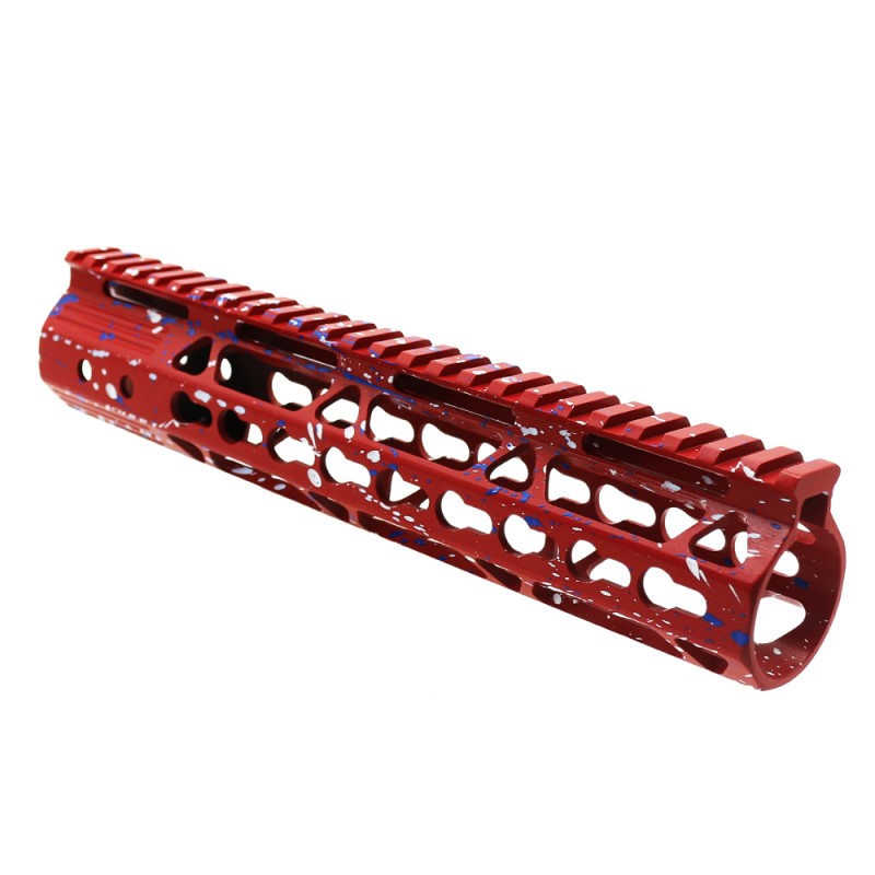 Cerakote Splatter | AR-15 10'' Ultra Slim Keymod Handguards V2 - Base Red - Pattern - Bright White - Blue Flame - W/ Steel Barrel Nut Cerakote Splatter | AR-15 10'' Ultra Slim Keymod Handguards V2 - Base Red - Pattern - Bright White - Blue Flame - W/ Steel Barrel Nut