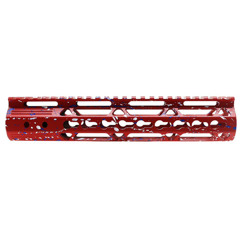 Cerakote Splatter | AR-15 10'' Ultra Slim Keymod Handguards V2 - Base Red - Pattern - Bright White - Blue Flame - W/ Steel Barrel Nut Cerakote Splatter | AR-15 10'' Ultra Slim Keymod Handguards V2 - Base Red - Pattern - Bright White - Blue Flame - W/ Steel Barrel Nut