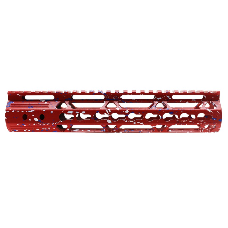 Cerakote Splatter | AR-15 10'' Ultra Slim Keymod Handguards V2 - Base Red - Pattern - Bright White - Blue Flame - W/ Steel Barrel Nut Cerakote Splatter | AR-15 10'' Ultra Slim Keymod Handguards V2 - Base Red - Pattern - Bright White - Blue Flame - W/ Steel Barrel Nut