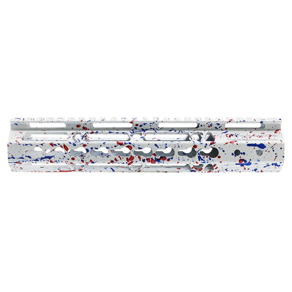 Cerakote Splatter | AR-15 10'' Ultra Slim Keymod Handguards V2 - Base Bright White - Pattern - Red - Blue Flame - W/ Steel Barrel Nut Cerakote Splatter | AR-15 10'' Ultra Slim Keymod Handguards V2 - Base Bright White - Pattern - Red - Blue Flame - W/ Steel Barrel Nut