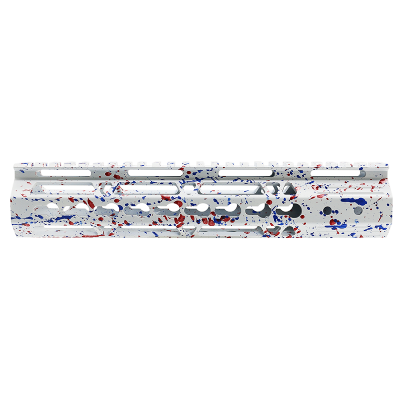 Cerakote Splatter | AR-15 10'' Ultra Slim Keymod Handguards V2 - Base Bright White - Pattern - Red - Blue Flame - W/ Steel Barrel Nut Cerakote Splatter | AR-15 10'' Ultra Slim Keymod Handguards V2 - Base Bright White - Pattern - Red - Blue Flame - W/ Steel Barrel Nut