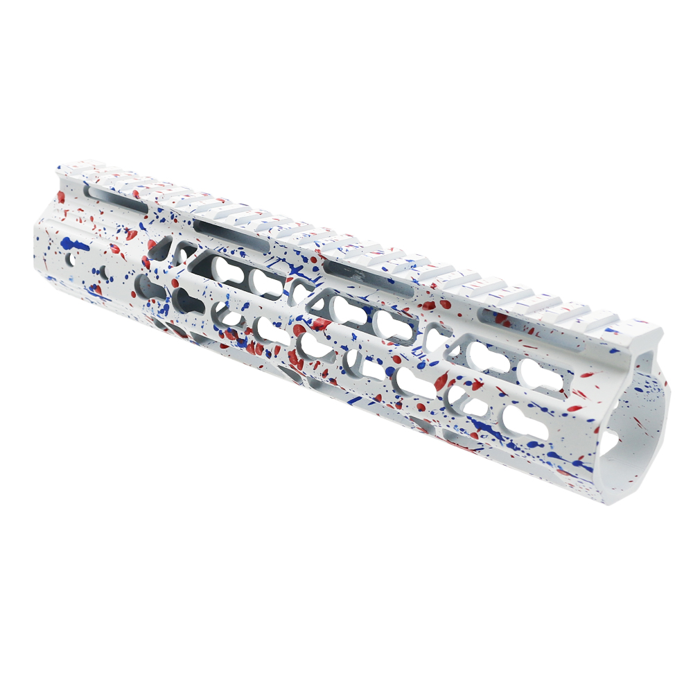 Cerakote Splatter | AR-15 10'' Ultra Slim Keymod Handguards V2 - Base Bright White - Pattern - Red - Blue Flame - W/ Steel Barrel Nut Cerakote Splatter | AR-15 10'' Ultra Slim Keymod Handguards V2 - Base Bright White - Pattern - Red - Blue Flame - W/ Steel Barrel Nut
