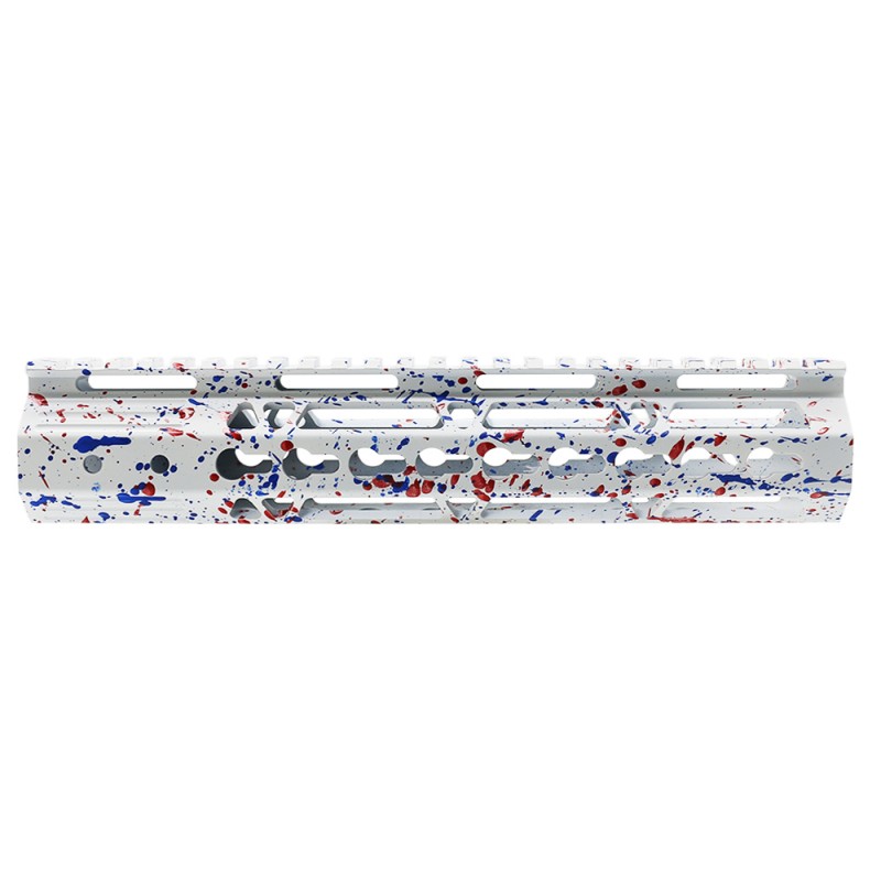 Cerakote Splatter | AR-15 10'' Ultra Slim Keymod Handguards V2 - Base Bright White - Pattern - Red - Blue Flame - W/ Steel Barrel Nut Cerakote Splatter | AR-15 10'' Ultra Slim Keymod Handguards V2 - Base Bright White - Pattern - Red - Blue Flame - W/ Steel Barrel Nut