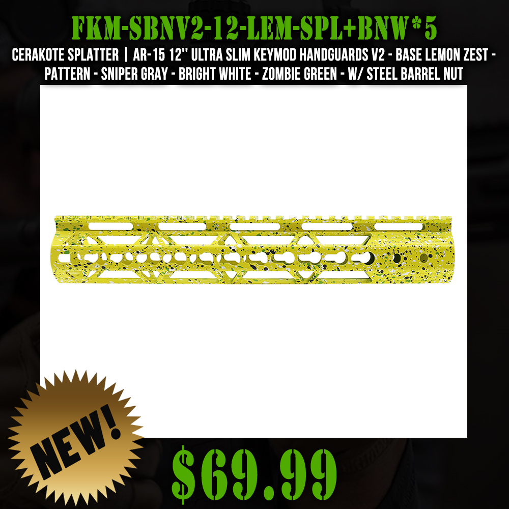 Cerakote Splatter| AR-15 12'' Ultra Slim Keymod Handguards V2 - Base Lemon Zest - Pattern - Sniper Gray - Bright White - Zombie Green - W/ Steel Barrel Nut Cerakote Splatter| AR-15 12'' Ultra Slim Keymod Handguards V2 - Base Lemon Zest - Pattern - Sniper Gray - Bright White - Zombie Green - W/ Steel Barrel Nut