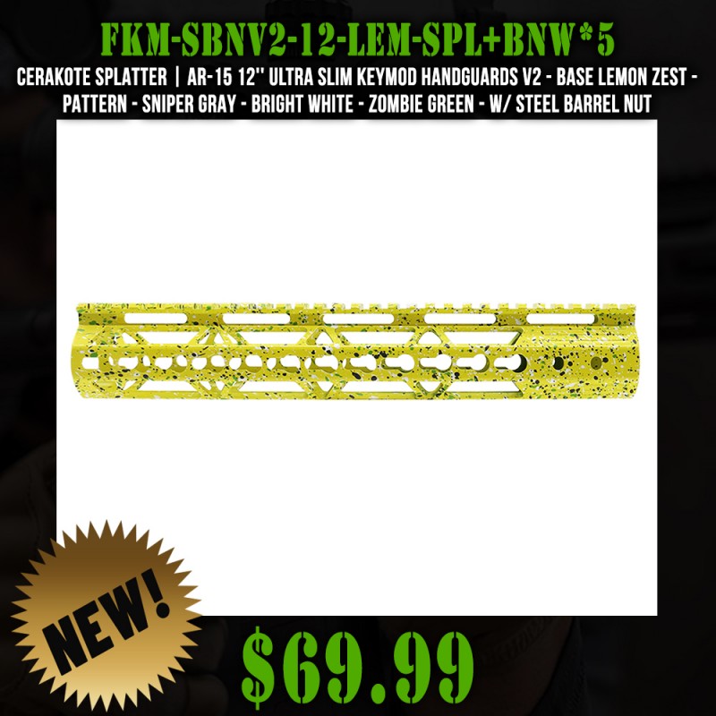 Cerakote Splatter| AR-15 12'' Ultra Slim Keymod Handguards V2 - Base Lemon Zest - Pattern - Sniper Gray - Bright White - Zombie Green - W/ Steel Barrel Nut Cerakote Splatter| AR-15 12'' Ultra Slim Keymod Handguards V2 - Base Lemon Zest - Pattern - Sniper Gray - Bright White - Zombie Green - W/ Steel Barrel Nut