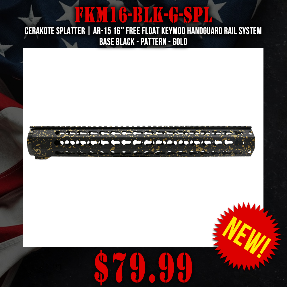 Cerakote Splatter | AR-15 16'' Free Float Keymod Handguard Rail System - Base Black - Pattern - Gold Cerakote Splatter | AR-15 16'' Free Float Keymod Handguard Rail System - Base Black - Pattern - Gold