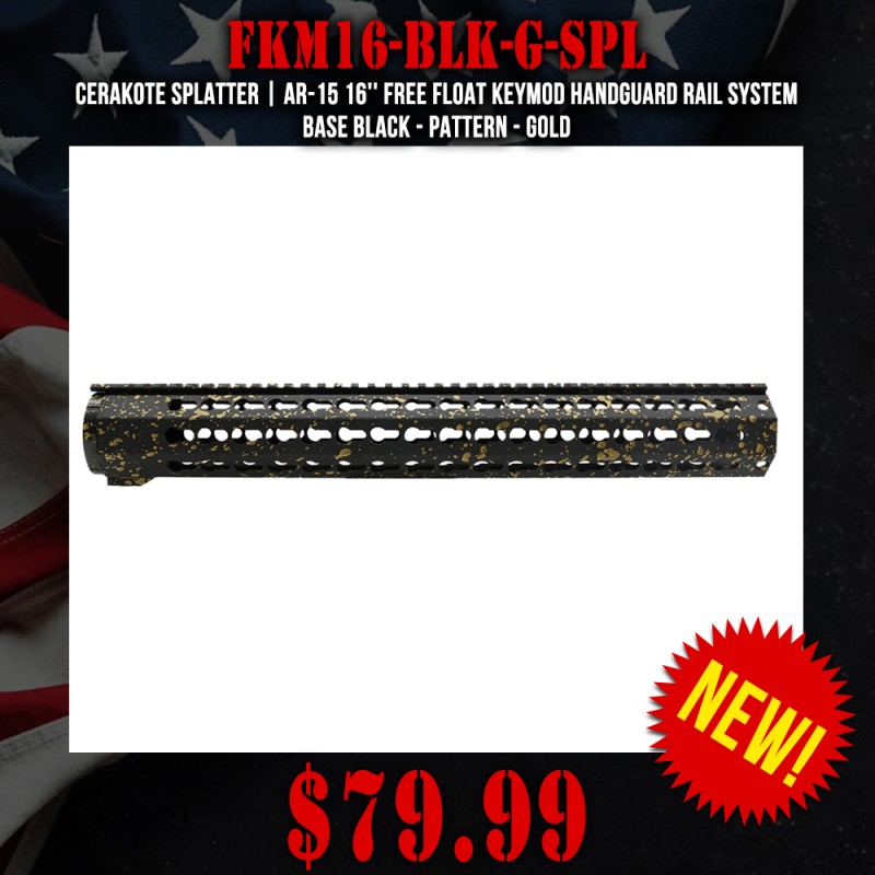 Cerakote Splatter | AR-15 16'' Free Float Keymod Handguard Rail System - Base Black - Pattern - Gold Cerakote Splatter | AR-15 16'' Free Float Keymod Handguard Rail System - Base Black - Pattern - Gold