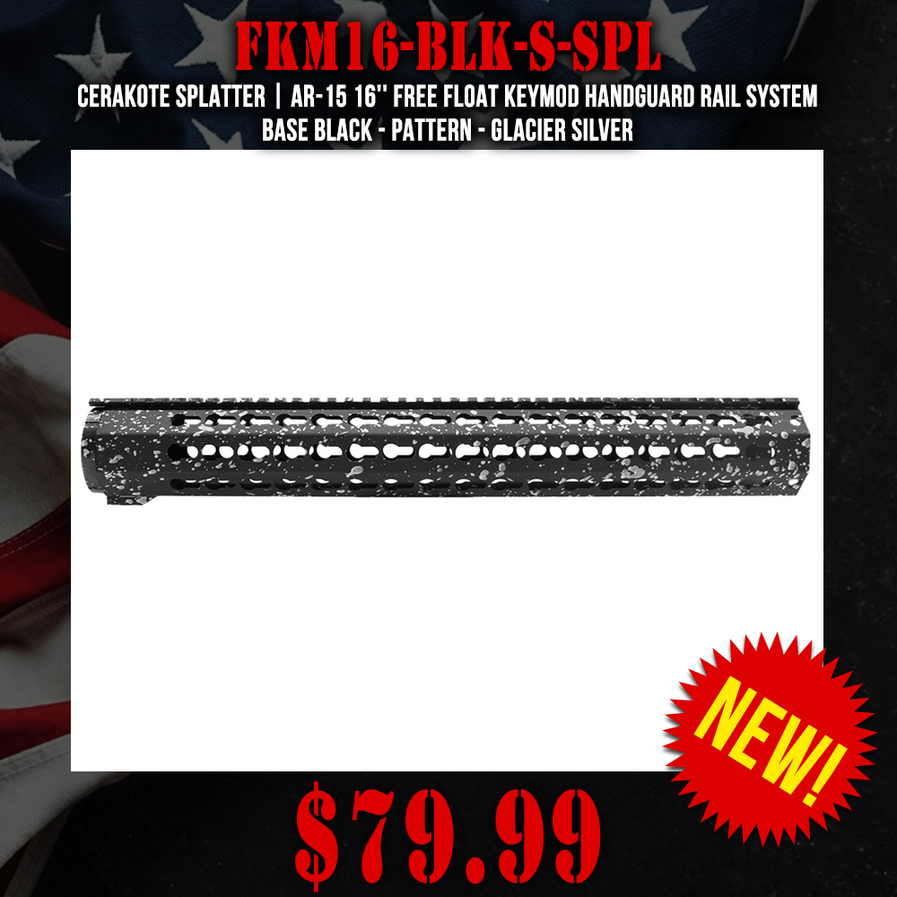 Cerakote Splatter | AR-15 16'' Free Float Keymod Handguard Rail System - Base Black - Pattern - Glacier Silver Cerakote Splatter | AR-15 16'' Free Float Keymod Handguard Rail System - Base Black - Pattern - Glacier Silver
