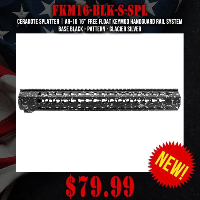 Cerakote Splatter | AR-15 16'' Free Float Keymod Handguard Rail System - Base Black - Pattern - Glacier Silver Cerakote Splatter | AR-15 16'' Free Float Keymod Handguard Rail System - Base Black - Pattern - Glacier Silver