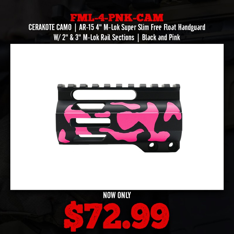 CERAKOTE CAMO| AR-15 4" M-Lok Super Slim Free Float Handguard W/ 2" & 3" M-Lok Rail Sections| Black and Pink