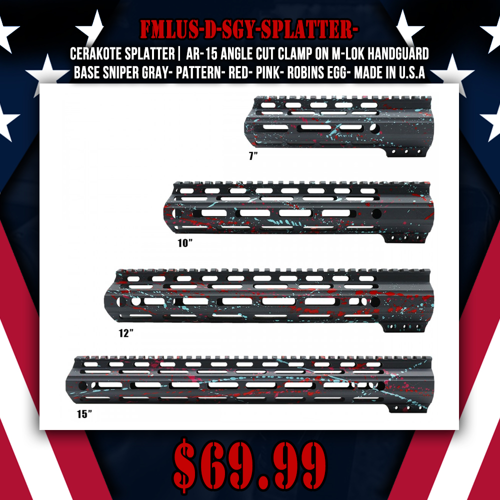 Cerakote Splatter| AR-15 Angle Cut Clamp on M-LOK Handguard-Base Sniper Gray- Pattern- Red- Pink- Robins Egg- Made in U.S.A Cerakote Splatter| AR-15 Angle Cut Clamp on M-LOK Handguard-Base Sniper Gray- Pattern- Red- Pink- Robins Egg- Made in U.S.A