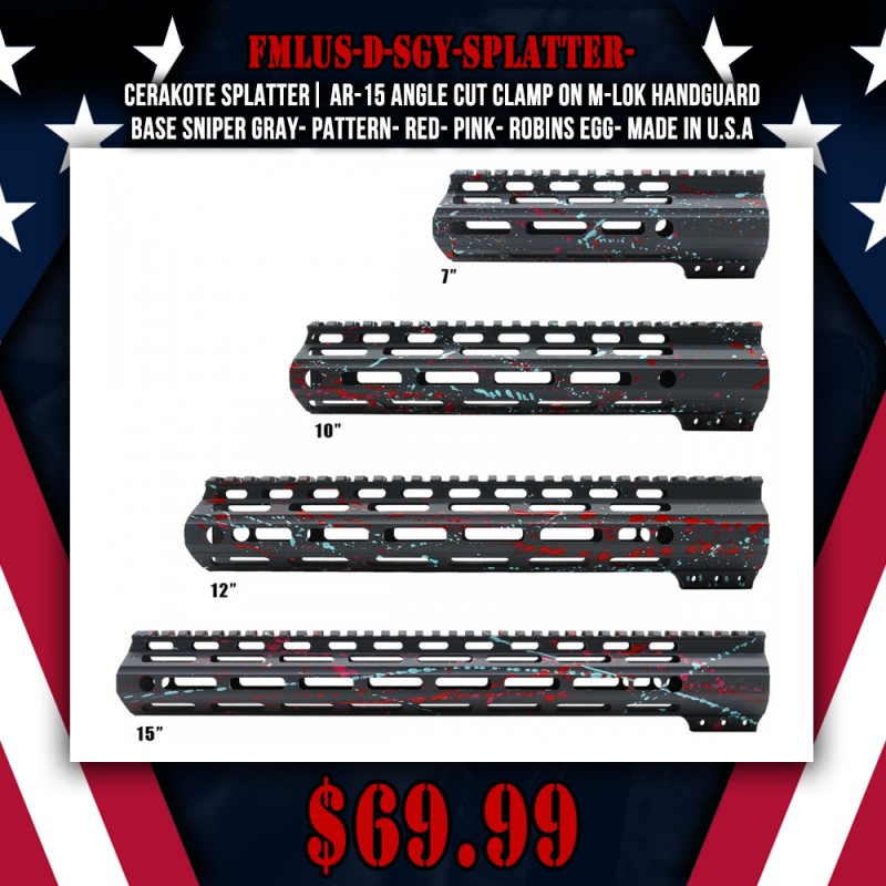Cerakote Splatter| AR-15 Angle Cut Clamp on M-LOK Handguard-Base Sniper Gray- Pattern- Red- Pink- Robins Egg- Made in U.S.A Cerakote Splatter| AR-15 Angle Cut Clamp on M-LOK Handguard-Base Sniper Gray- Pattern- Red- Pink- Robins Egg- Made in U.S.A