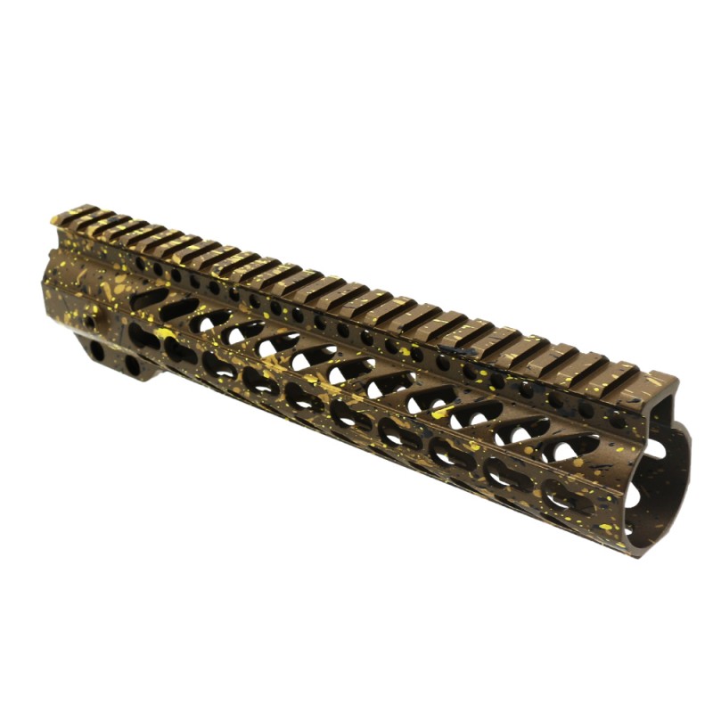 Cerakote Splatter| AR-15 10'' Handguard Clamp On Rail System - Base Burnt Bronze - Pattern - Gold - Black - Lemon Zest Cerakote Splatter| AR-15 10'' Handguard Clamp On Rail System - Base Burnt Bronze - Pattern - Gold - Black - Lemon Zest