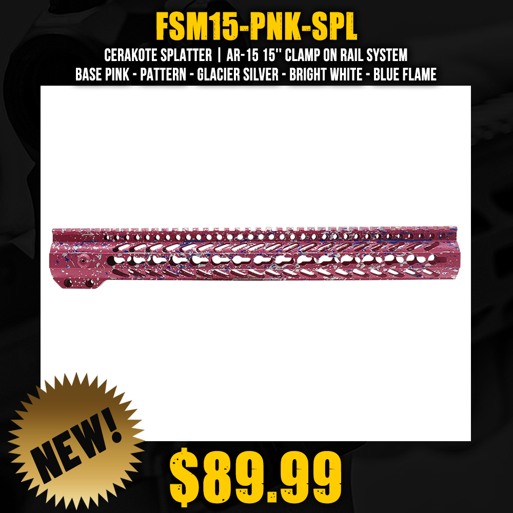 Cerakote Splatter| AR-15 15'' Clamp On Rail System - Base Pink - Pattern - Glacier Silver - Bright White - Blue Flame