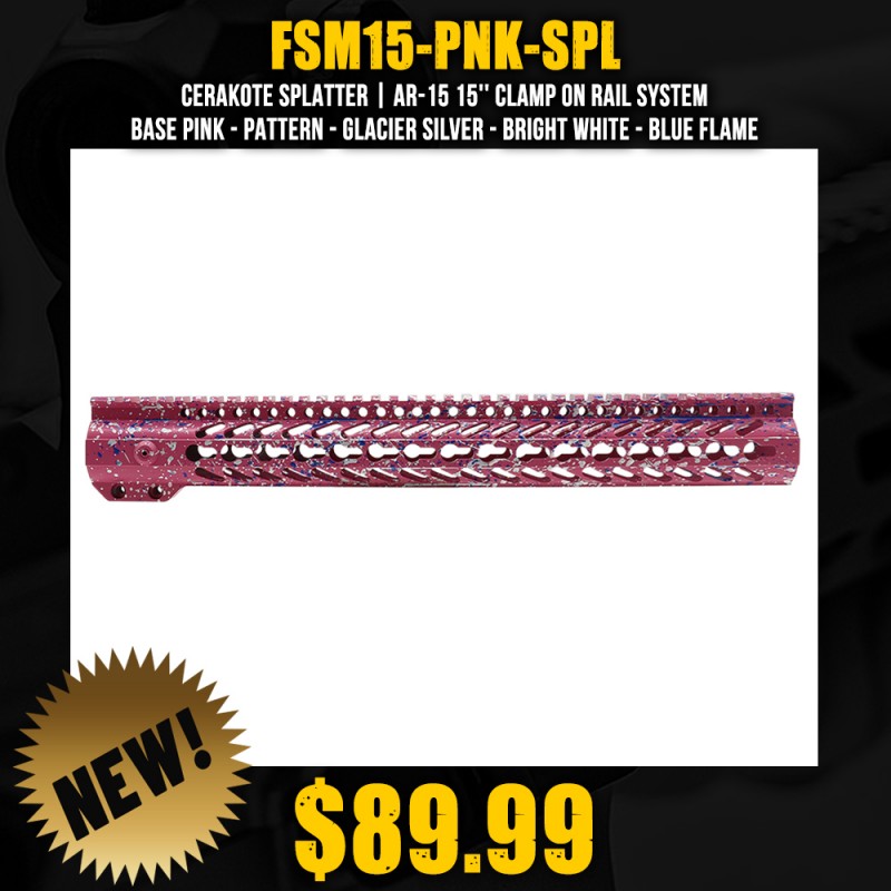 Cerakote Splatter| AR-15 15'' Clamp On Rail System - Base Pink - Pattern - Glacier Silver - Bright White - Blue Flame