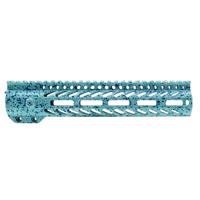 Cerakote Splatter| AR-15 10'' M-LOK Super Slim Free Float Handguard with Steel Barrel Nut - Base Robins Egg - Pattern - Bright White - Aqua Teal - Blue Flame Cerakote Splatter| AR-15 10'' M-LOK Super Slim Free Float Handguard with Steel Barrel Nut - Base Robins Egg - Pattern - Bright White - Aqua Teal - Blue Flame