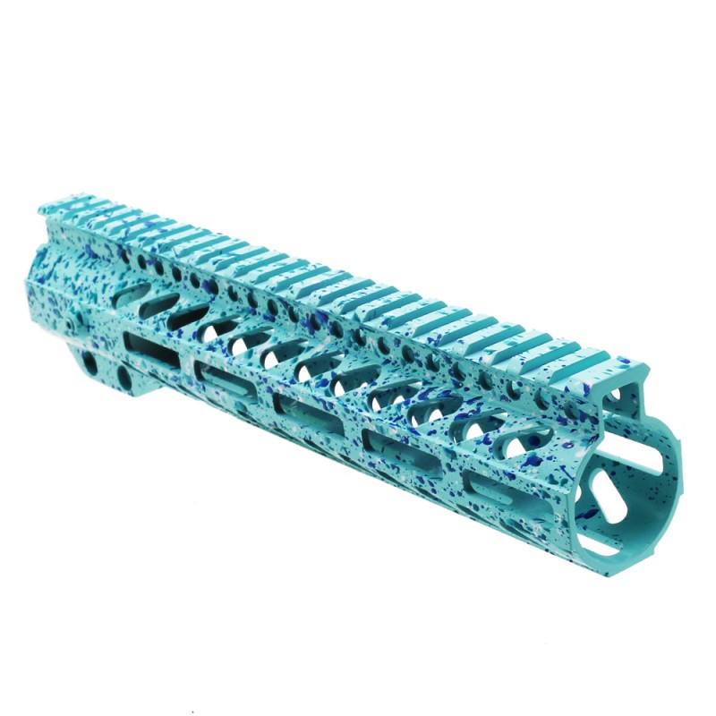 Cerakote Splatter| AR-15 10'' M-LOK Super Slim Free Float Handguard with Steel Barrel Nut - Base Robins Egg - Pattern - Bright White - Aqua Teal - Blue Flame Cerakote Splatter| AR-15 10'' M-LOK Super Slim Free Float Handguard with Steel Barrel Nut - Base Robins Egg - Pattern - Bright White - Aqua Teal - Blue Flame