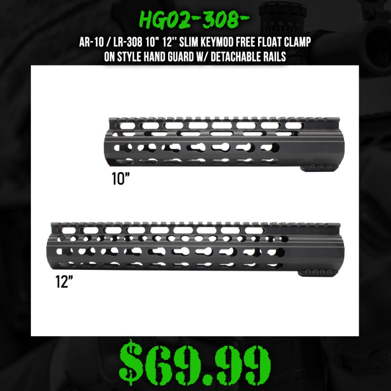 AR-10 / LR-308 10" 12'' Slim Keymod Free Float Clamp-On Style Hand Guard W/ Detachable Rails