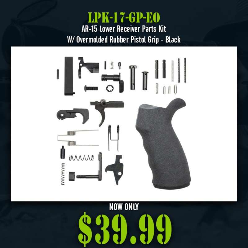 AR-15 Lower Receiver Parts Kit W/ Overmolded Rubber Pistol Grip- Black 