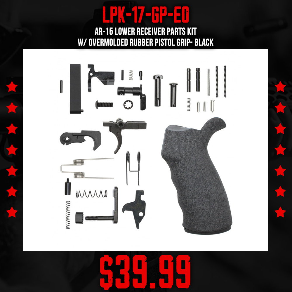AR-15 Lower Receiver Parts Kit W/ Overmolded Rubber Pistol Grip- Black AR-15 Lower Receiver Parts Kit W/ Overmolded Rubber Pistol Grip- Black