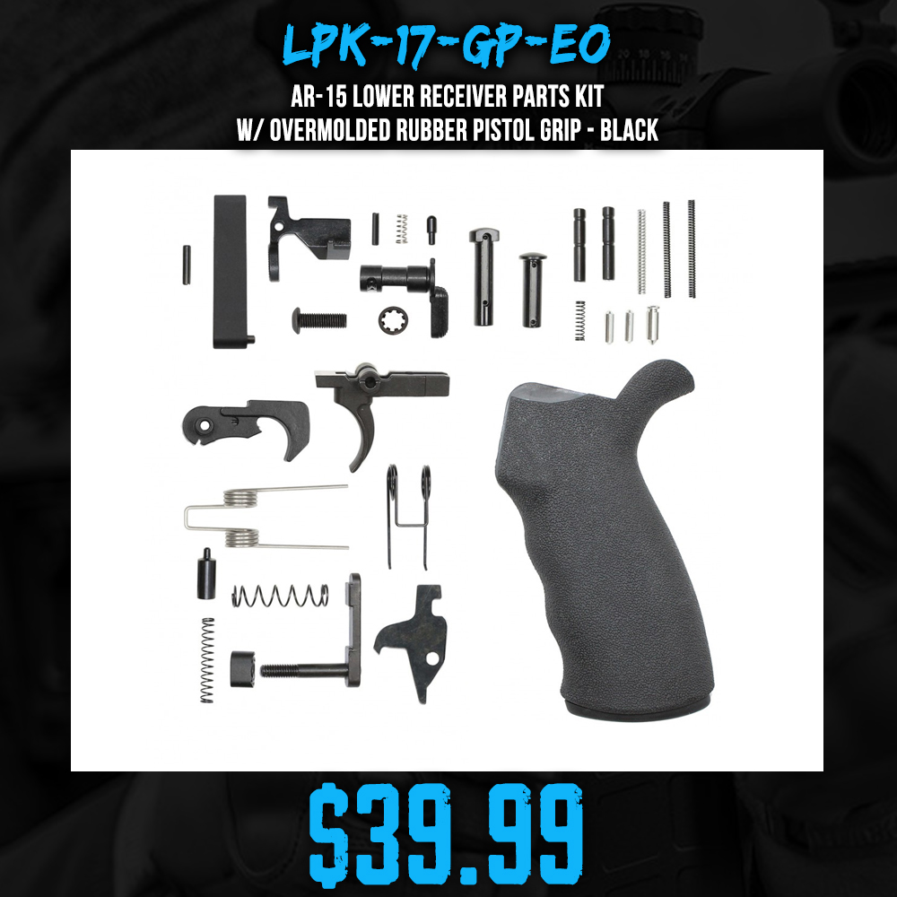 AR-15 Lower Receiver Parts Kit W/ Overmolded Rubber Pistol Grip- Black 