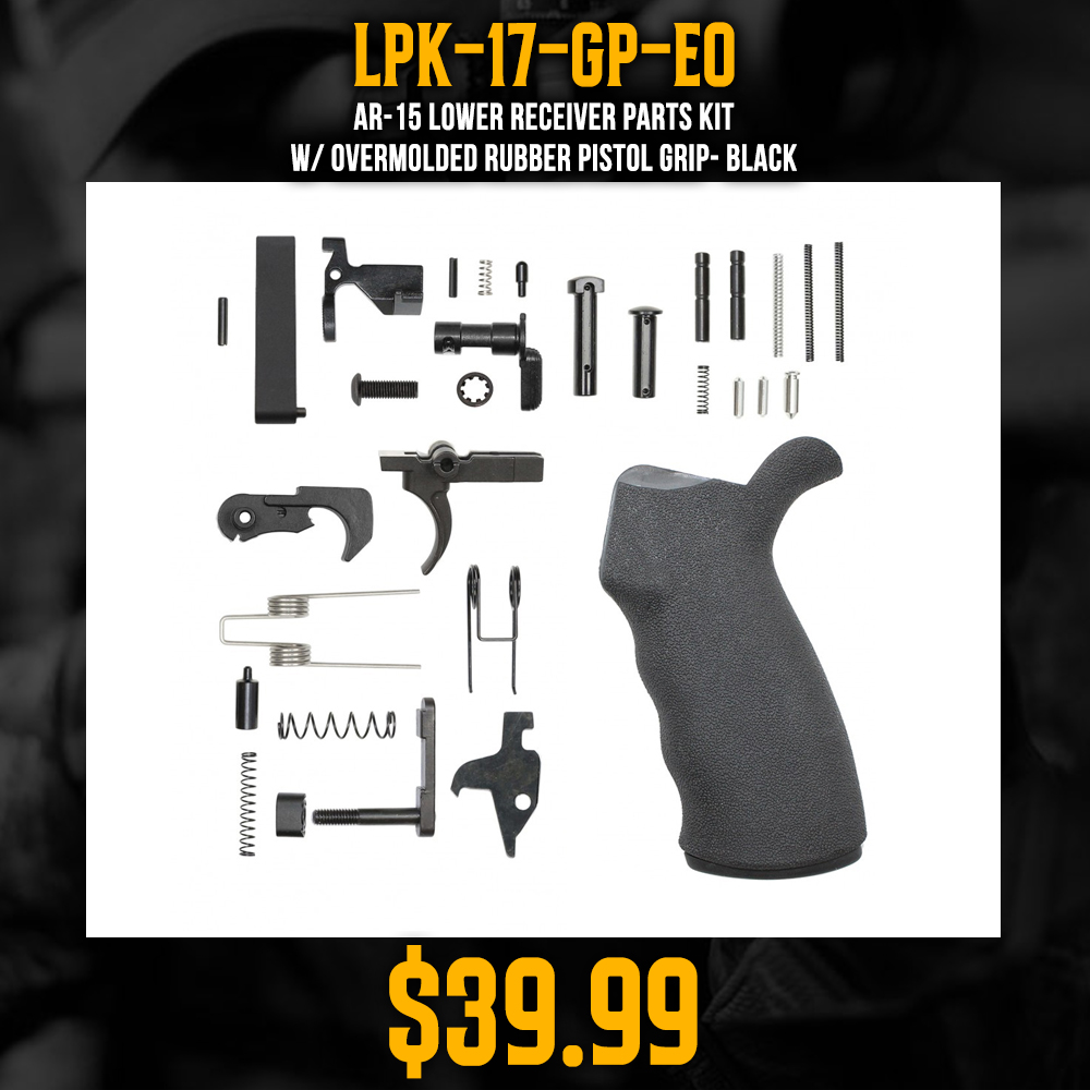 AR-15 Lower Receiver Parts Kit W/ Overmolded Rubber Pistol Grip- Black AR-15 Lower Receiver Parts Kit W/ Overmolded Rubber Pistol Grip- Black