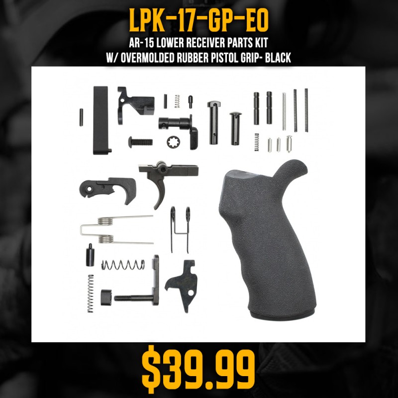 AR-15 Lower Receiver Parts Kit W/ Overmolded Rubber Pistol Grip- Black AR-15 Lower Receiver Parts Kit W/ Overmolded Rubber Pistol Grip- Black