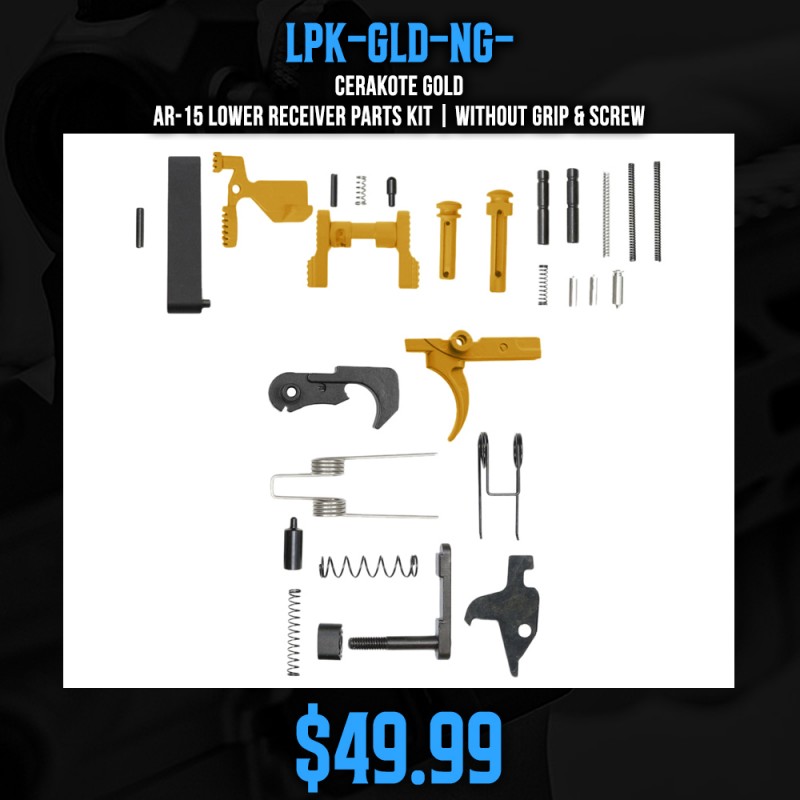CERAKOTE GOLD | AR-15 Lower Receiver Parts Kit | Without Grip & Screw CERAKOTE GOLD | AR-15 Lower Receiver Parts Kit | Without Grip & Screw