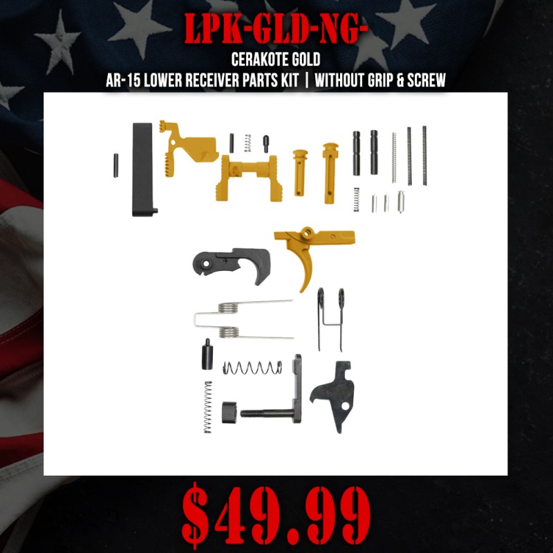 CERAKOTE GOLD | AR-15 Lower Receiver Parts Kit | Without Grip & Screw CERAKOTE GOLD | AR-15 Lower Receiver Parts Kit | Without Grip & Screw