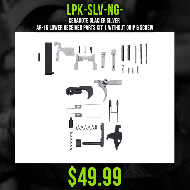 CERAKOTE GLACIER SILVER | AR-15 Lower Receiver Parts Kit | Without Grip & Screw CERAKOTE GLACIER SILVER | AR-15 Lower Receiver Parts Kit | Without Grip & Screw
