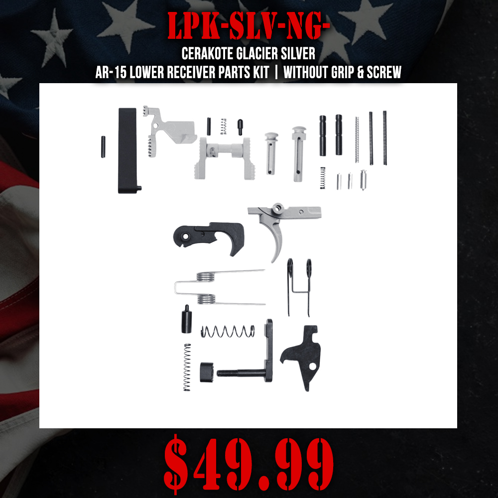 CERAKOTE GLACIER SILVER | AR-15 Lower Receiver Parts Kit | Without Grip & Screw CERAKOTE GLACIER SILVER | AR-15 Lower Receiver Parts Kit | Without Grip & Screw