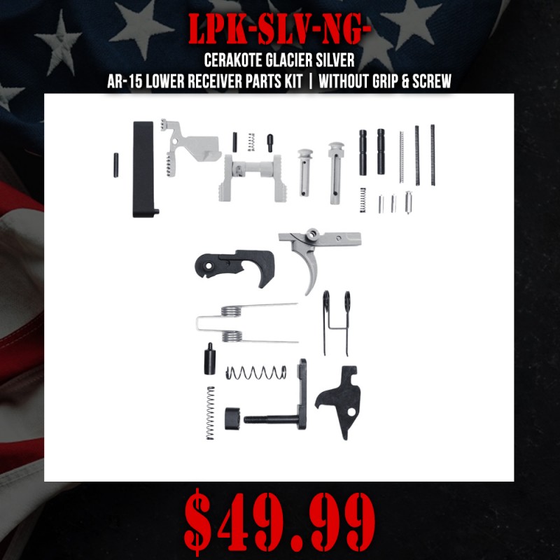 CERAKOTE GLACIER SILVER | AR-15 Lower Receiver Parts Kit | Without Grip & Screw CERAKOTE GLACIER SILVER | AR-15 Lower Receiver Parts Kit | Without Grip & Screw