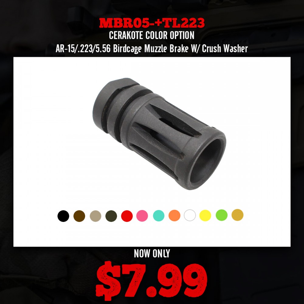 CERAKOTE COLOR OPTION| AR-15/.223/5.56 Birdcage Muzzle Brake W/ Crush Washer