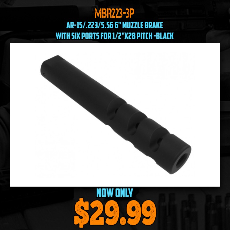 AR-15/.223/5.56 6" Muzzle Brake with Six Ports for 1/2"x28 Pitch -Black