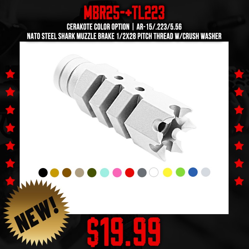 CERAKOTE COLOR OPTION| AR-15/.223/5.56 Nato Steel Shark Muzzle Brake 1/2x28 Pitch Thread W/Crush Washer CERAKOTE COLOR OPTION| AR-15/.223/5.56 Nato Steel Shark Muzzle Brake 1/2x28 Pitch Thread W/Crush Washer