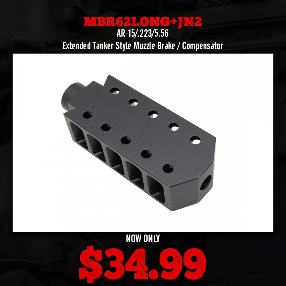 AR-15/.223/5.56 Extended Tanker Style Muzzle Brake / Compensator